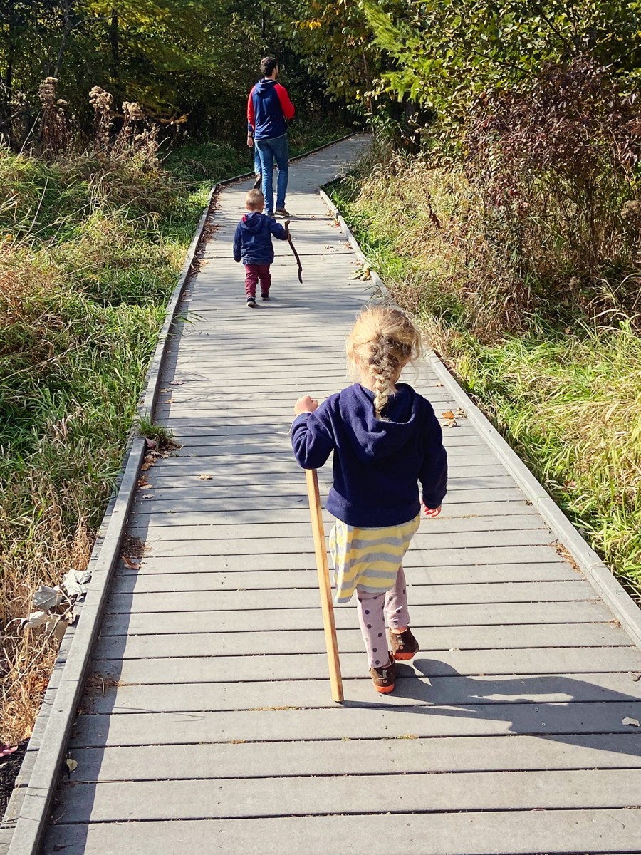 family with two children walking along a path with greenery around them