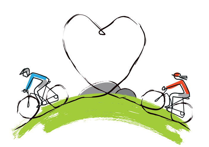 Colorful Illustration of couple of cyclists on a hill with heart